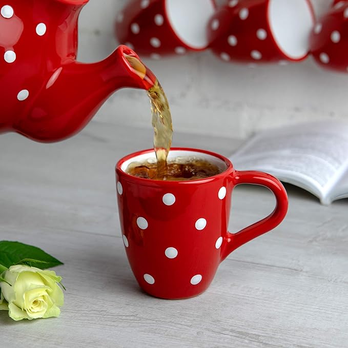 City to Cottage Ceramic Cappuccino Mug with Large Handle, 10oz Coffee Mug for Latte Hot Chocholate Tea, Daily Morning Dring at Home Office Work, Christmas Housewarming Gift Red Polka Dot