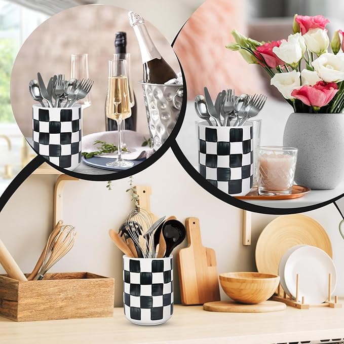 JarThenaAMCS Checkered Ceramic Utensil Holder Watercolor Black White Plaid Utensil Crock for Home Kitchen Countertop Storage Organizer, Set of 2