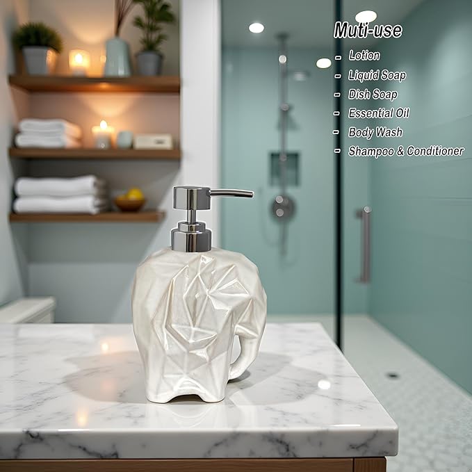 Elephant Soap Dispenser, Geometric Ceramic Lotion Dispenser, Caahanjia White Hand Soap Dispenser, Refillable Liquid Dispenser for Bathroom and Kitchen (Elephant White)