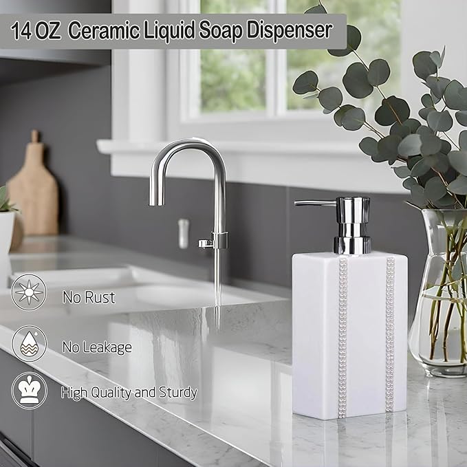 18 OZ Hand Liquid&Lotion Soap Dispenser Ceramic White Lotion Pump Bottle for Kitchen Bathroom Countertop Laundry Room Holds Dish Soap Shampoo Laundry Liquid Shower Gel(Inlaid Rhinestone)