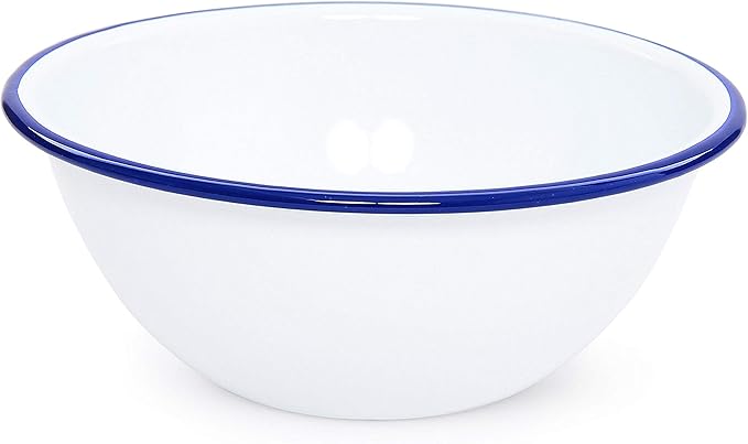 Home Enamelware Serving Bowl, 1.5 quart, Vintage White/Blue (Single)