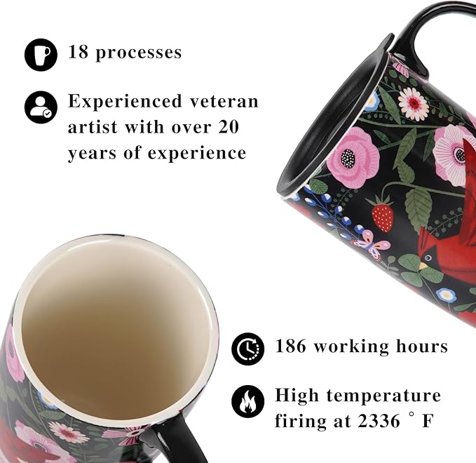 Topadorn Ceramic Travel Mug Cardinal Bird Porcelain Latte Tea Cup Coffee Mug with Matched Box, 17oz.