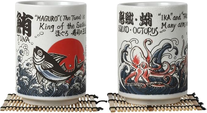 Japanese Tea Cups Sushi-Yunomi Mino Ware With Bamboo Coaster (Set of 2) (Squid-Octopus Tuna)