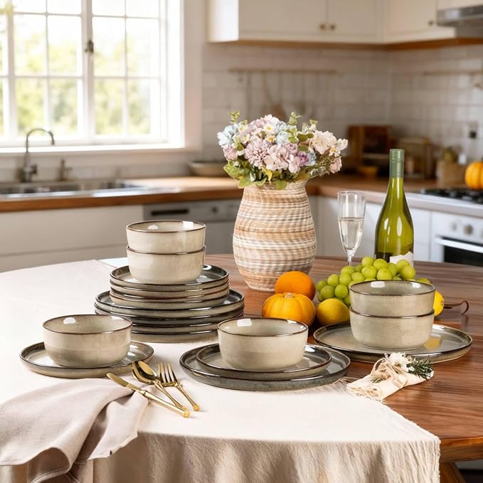 GBHOME Dinnerware Sets for 6, 18 Pieces Stoneware Plates and Bowls Sets, Scratch Resistant Dishes, Dishwasher & Microwave Safe, Reactive Glaze