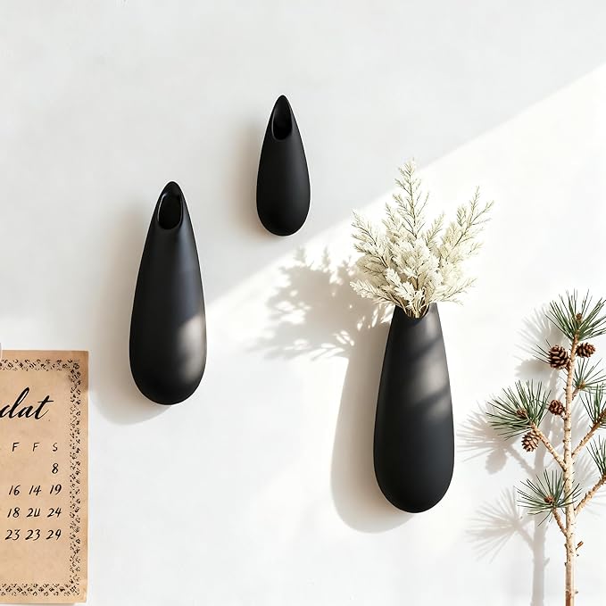 Sculptural Wall Ceramic Vase — 3 Pack Black Hanging Sconce Vase | Turn Flowers into Art — Decorative Ceramic Wall Sconce for Single Stem Displays