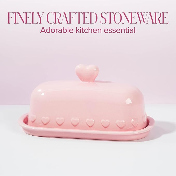 Paris Hilton Heart Knob Butter Dish, Iconic Stoneware With Heart Detailing, Microwave Safe & Dishwasher Safe, 2-Piece Set, Pink