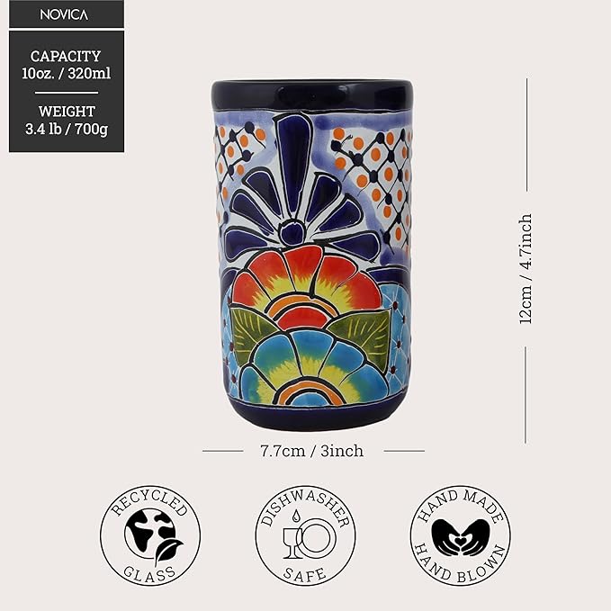 NOVICA Ceramic Tumblers Handpainted Floral from Mexico Multicolor Tableware Drinkware Glasses Juice Water Cocktail Talavera Hacienda [ 4.7in H x 3in Diam. 10 Oz.] 'Raining Flowers'(Pair)