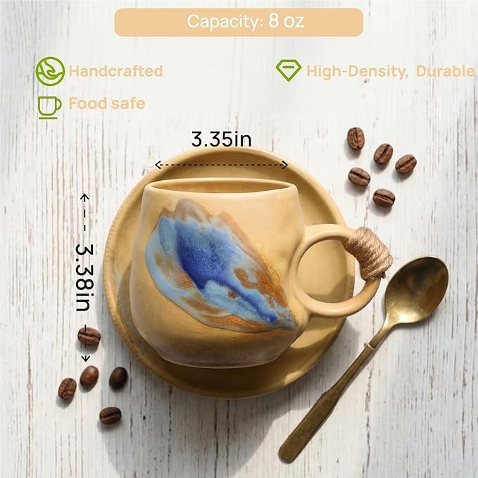 8oz Small Vintage Japanese Style Handmade Ceramic Tea Cup with Saucer , Lead-Free Cappuccino Mug, Artisanal Coffee Mug with saucer set,Handcrafted mug with handle, For Espresso, Latte(1, Light brown)