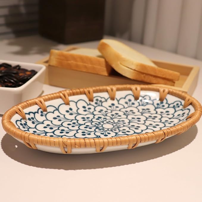 Rattan Ceramic Tray, Oval Fruit/Bread/Cookie/Jewelry Small Storage Porcelain Serving Plate, Vintage Decorative Display Plate for Coffee Table Home Decor Wedding Party Gift （Cyan Cloud）