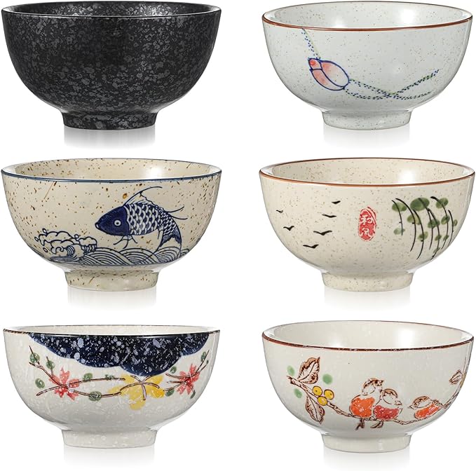 6 Pack Retro Ceramic Bowls, 4.5 Inch Japanese Chinese Bowl, 11 Oz Serving Dinner Set for Cereal, Salad, Dessert, Ice Cream, Rice, Noodles, Soup, Fruit, Dishwasher Microwave Safe