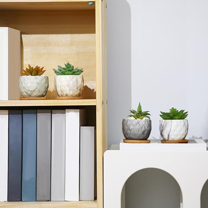 Marbling Ceramic Flower Pot 3.35 Inch Succulent Small Plant Cactus Herbs Planter Ceramic Pot with Drainage Hole Matte Round Container(4 Pcs,Modern Style)