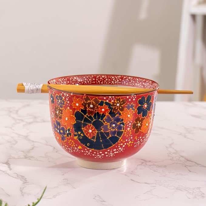 Urban Tokyo Handpainted Ceramic Glazed Japanese Ramen Udon Noodle Rice Bowl With Chopsticks 20 fl oz 5 inch Diameter Bowl Sets Color Box Packaging (Red Sakura Cherry Blossoms)