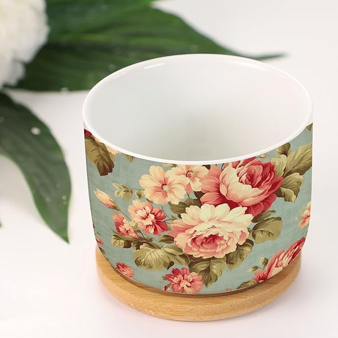 Pink Cabbage Roses Romantic Planters Ceramics Set of 2 Cottage Chic Antique Pink Flower Succulent Pot for Indoor with Bamboo Tray Japanese Chinoiserie Small Pot for Flowers