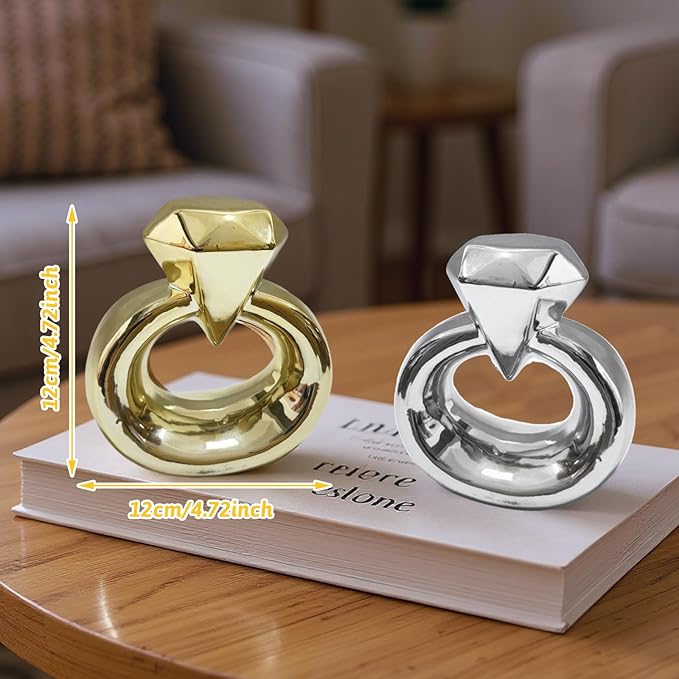 Zerzsy Set of 2 Statues Figurine Home Decor, Golden Modern Abstract Statue for Living Room Bedroom Shelves Wedding Decoration, Large Diamond Ring Love Decorative Sculpture-Gold & Silver