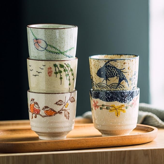6 Pieces Japanese Tea Cups, 6 Oz Ceramic Coffee Cup with Good Heat Retention, No Handle Teacup Matcha Mug for Latte, Juice, Gift, Dishwasher Safe