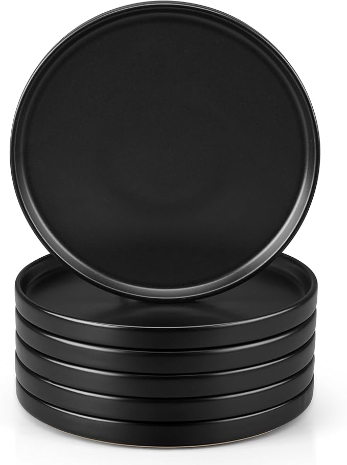 Herogo 7.9 Inch Dinner Plates Set of 6, Small Stoneware Dessert Plate Set, Microwave Safe Ceramic Dinnerware for Home Serving, Oven & Dishwasher Safe, Matte Black