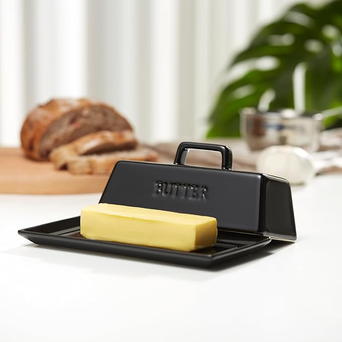 Butter Dish with Lid for Countertop, by Kook, Ceramic Dish Tray with Cover, Kitchen Keeper, Container, Holder (Black)