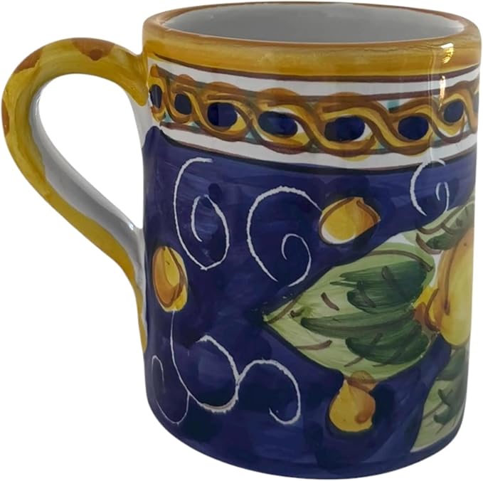 Hand Painted Ceramic Lemon Mug, 8 oz | Italian Style Coffee Cup with Blue Background | Dishwasher Safe, Artisan Ceramic