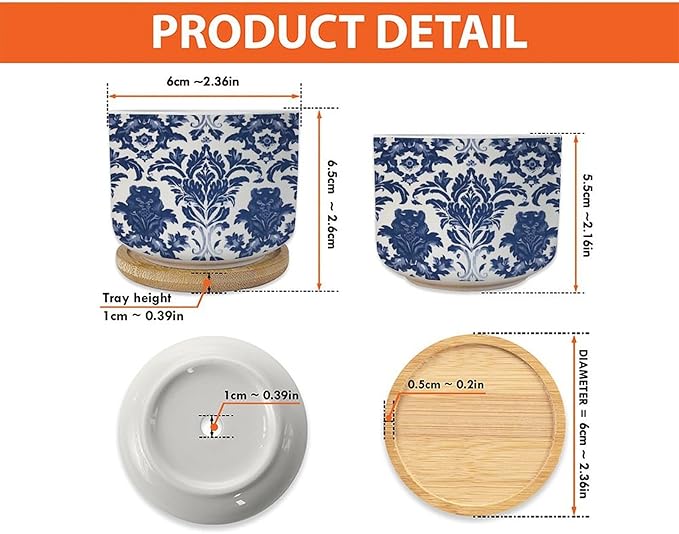 Blue Regalia Lion Ceramics Pots for Plants Set of 1 Indigo Blue Flower Lion Asian Succulents Plants Live with Pot with Drainage Bamboo Trays Chinoiserie Asian Small Ceramics Plant Pot