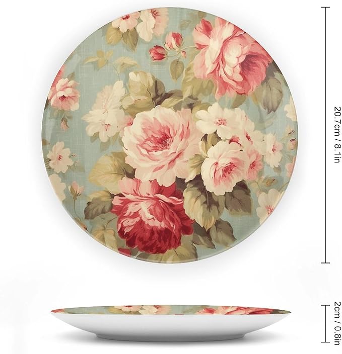 Ceramic Decorative Plate Pink Cabbage Roses Romantic Aqua Personalized Decor for Office Wall Art Decoration Ceramic Hanging Decorative Plate Including Bracket And Special Hook, Gifts