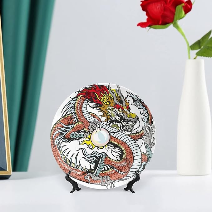 XISUNYA 7 Inch Decorative Plate, Dragon Tableware Plate, Traditional Chinese Creature Holding Pearl Zodiac Print Ceramic Wall Hanging for Home & Office Wall Hanging Decor