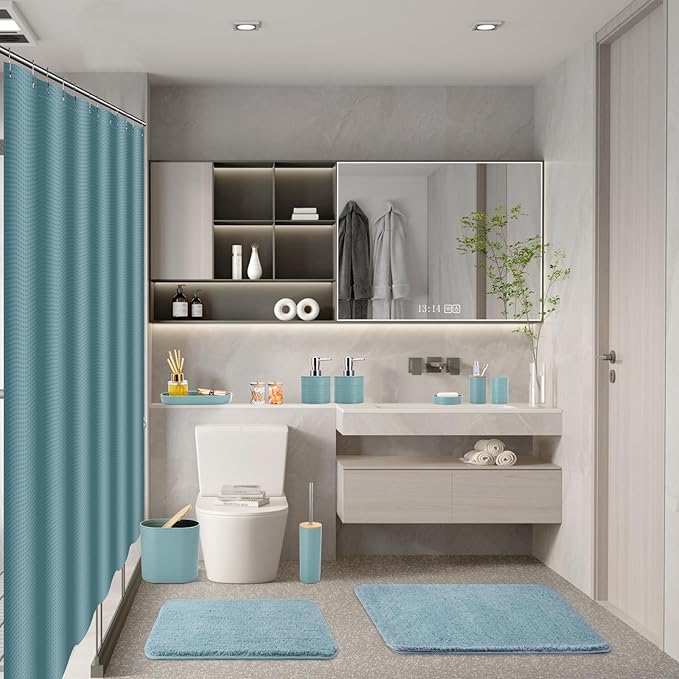 Bathroom Set - Light Blue Bathroom Accessories Set, Bathroom Sets with Shower Curtain and Rugs, 25PC Shower Curtain Set with Hooks, Soap Dispenser, Soap Dish, Toilet Brush Holder and Trash Can