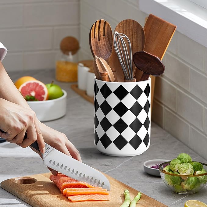 Kitchen Utensil Holder for Countertop， 6.4" Ceramic Utensil Holder Deep and Stable，Kitchen Utensil Organizer，Modern Checkered Utensil Holder for Decor