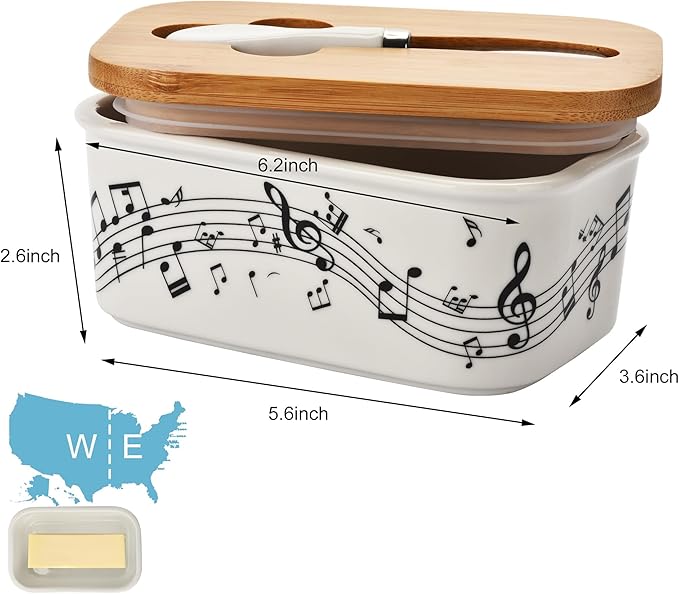Large Butter Dish with Lid for Countertop,Musical Note Design Ceramic Covered Butter Holder with Knife for Fridge, Airtight Butter Keeper Container Storage for East West Coast Butter,White