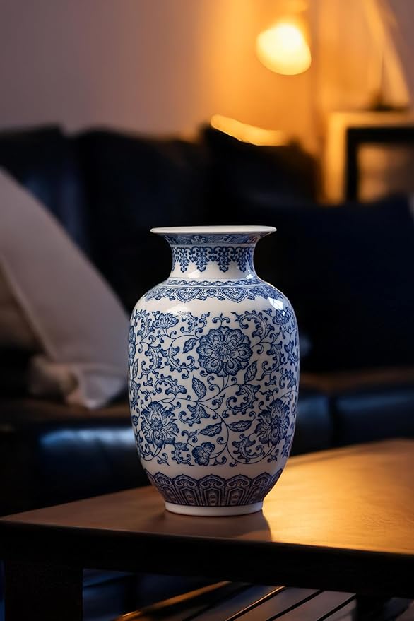 Blue and White Vase, Chinoiserie Porcelain for Living Room Shelf, Entryway Decor & Blue and White Home Centerpiece, Blue Vases Home Décor,11" H