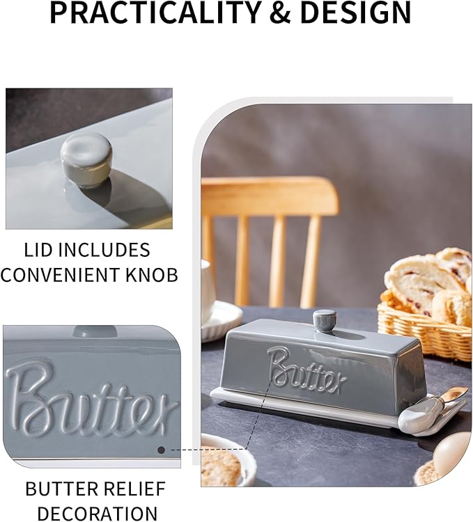 TEATALK Ceramic Butter Dish with Lid and Knife - Large Butter Holder, Farmhouse Style, 8-Inch Porcelain Butter Keeper with Scraper Edge, Grey