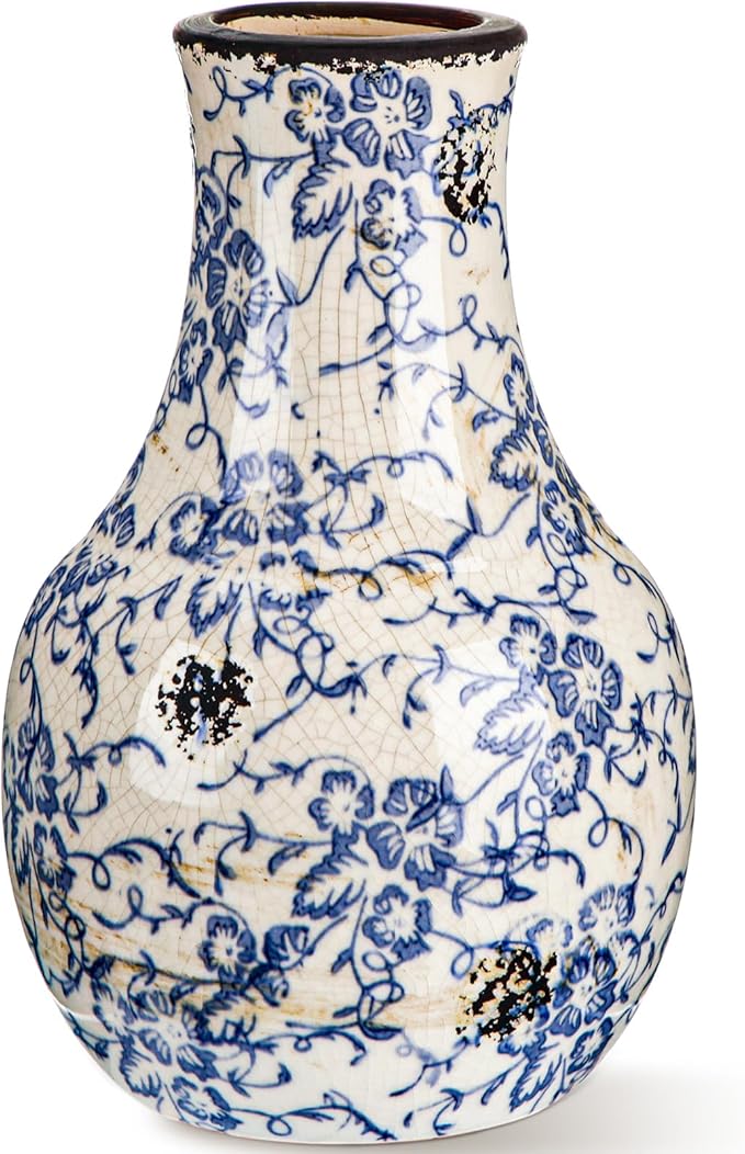 LemonRoad Vintage Ceramic Flower Vase 5.7 Inch Chinoiserie Ice Cracked Glaze Porcelain Vase Rustic Ceramic Large Centerpieces for Home Table Living Room Bookshelf Office(Orchid Style)