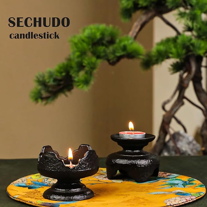 Japanese Style Cast Iron Candle Holder, Small Handmade Vintage Candlestick Holders, Rustic Pillar Candle Holder, Farmhouse Candle Stand for Fireplace Shelf Home Decor (2.24" Tall Pattern)