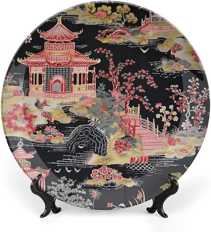 China Plates Chinoiserie Charcoal Coral Pagoda Asian Customize Decor for Household Farmhouse Housewarming Gifts Club Dinner Plates with Vertical Stand, Multi Sizes by Choosing, Gifts for Men Women