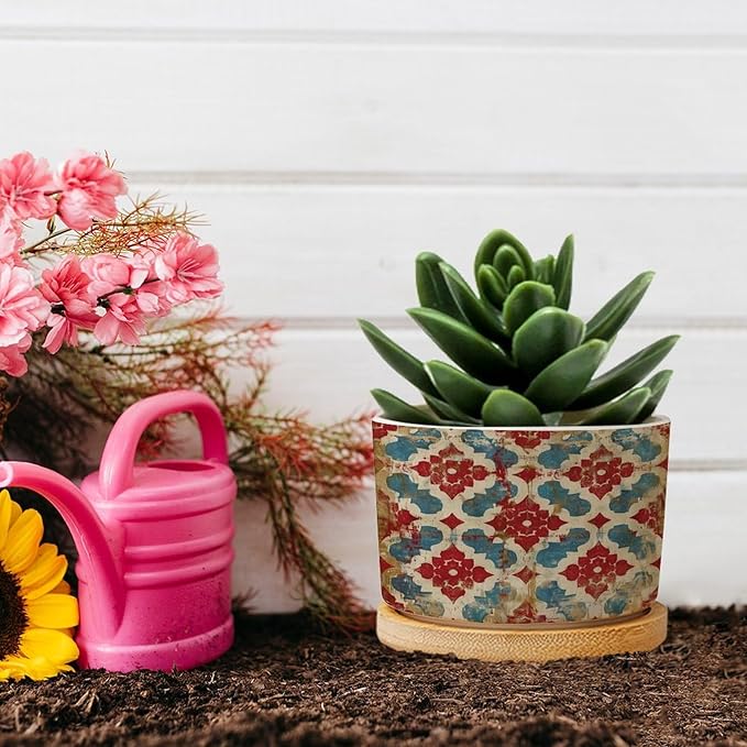 DreamAutumn Geometric Kilim Moroccan Ikat Planter Ceramic Round Plant Pots with Drainage Holes and Bamboo Tray Planting Small Flower Pots for Home Windowsill Desk Garden Indoor Outdoor Use