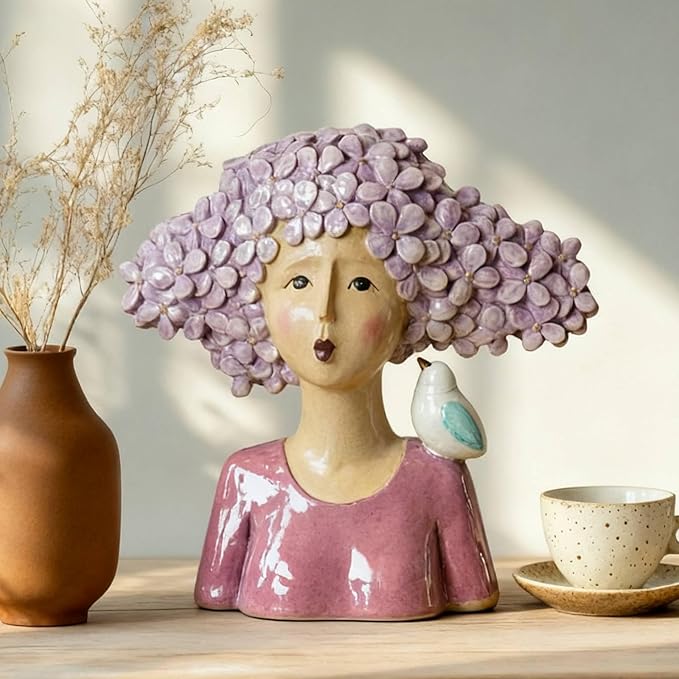 DiliComing Garden-Statues Women-Head Statues for Home Decor - 11 Inch Women with Bird Modern Art Statue, Animal Sculptures for Home and Garden 10.5 x 5.5 x 11 Inch (Purple)