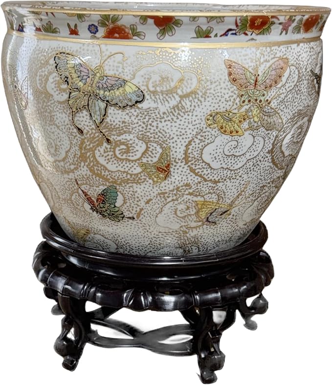 New 10" Diameter Oriental Colorful Butterfly ButterfliesThemed Fish Bowl Jardiniere Planter Plant Pot with Heavy Duty Acrylic Oriental Stand