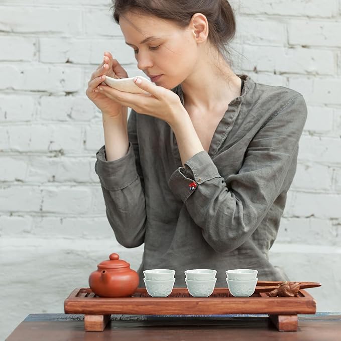 2Pcs Ceramic Tea Cup, 1.5 Oz Handmade Chinese Teacup, Mini Japanese Sake Cups, No Handle Asian Embossed Double Dragon Cup for Kungfu Style Tea Ceremony, Hot Tea, Matcha, Dishwasher Safe