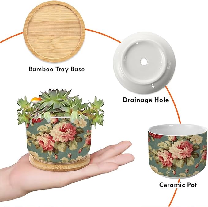 3 Piece Planters Ceramics Pink Cabbage Roses Romantic Small Ceramics Planter Cottage Chic Antique Pink Flower Ceramics Round Planter Asian Scenery Chinoiserie Plant Pot with Drainage