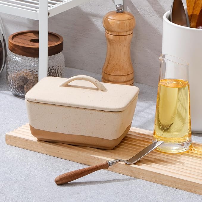 NUTRIUPS Ceramic Butter Dish with Lid for Countertop, Vintage European Butter Holder with Lid, Covered Butter Dish,Holds 1 Stick (Cheese Color, Uniform size)