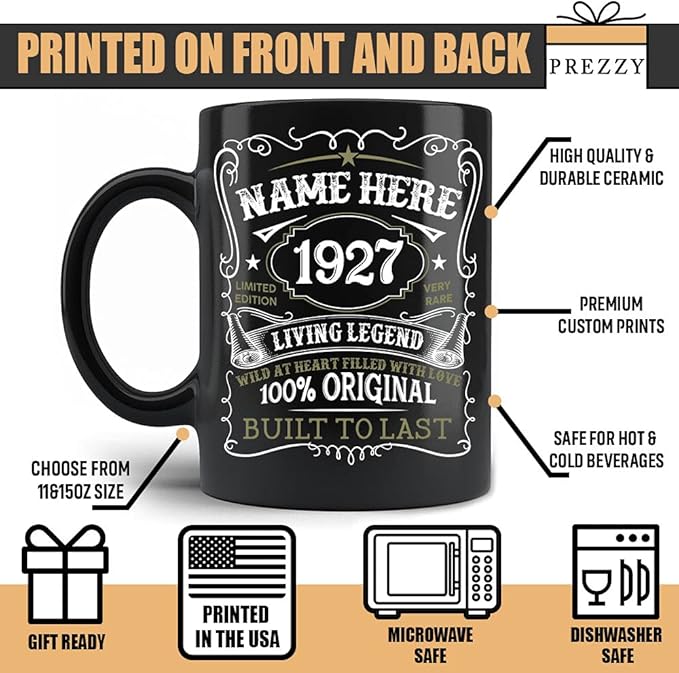 PREZZY Personalized 96th Birthday Mug Vintage 1927 Limited Edition Coffee Mug Black 11oz 15oz