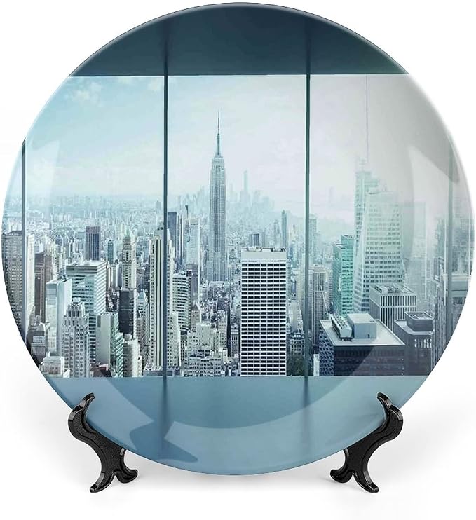 XISUNYA 8 Inch Decorative Plate, House Decor Ceramic Stoneware, View Modern City from Office New York Urban Life Theme Print Ceramic Wall Hanging for Home Office Party Dinner Table Decor