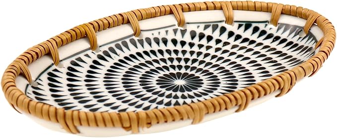 Rattan Ceramic Tray, Oval Fruit/Bread/Cookie/Jewelry Small Storage Porcelain Serving Plate, Vintage Decorative Display Plate for Coffee Table Home Decor Wedding Party Gift (Black Water Drop)
