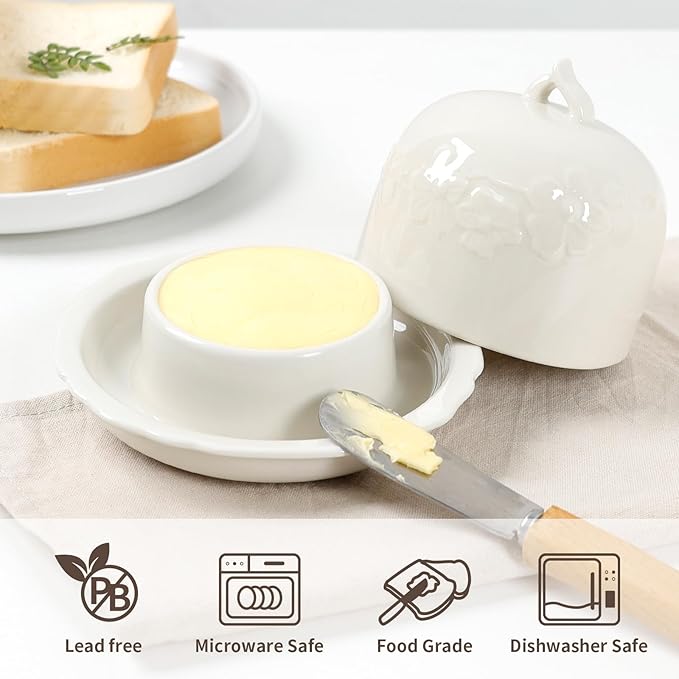 Butter dish, Ceramic Small Butter Dish with Lid, 2025 NEW Original Design Mini Butter Crock Keeper with Handle, 17 OZ Mini Butter Container Cover and Water Sealing 2 Ways Sealing (Flower)