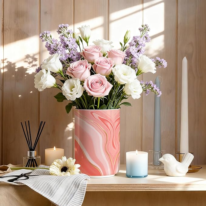 pink marble utensil holder,Countertop Ceramic Utensil Holder,Large Cooking Utensil Crocks for Kitchen Counter Decor,Ceramic Vase for Kitchen Utensils,H6.3 xD4.7(Pink marble)