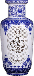 Blue White Flower Vase - 11.42 Inch Hollow Out Ceramic Vase, Vintage Chinese Style Home Decor, Handcrafted Blue White Porcelain Centerpiece for Living Room Table Shelf (Blue and White)