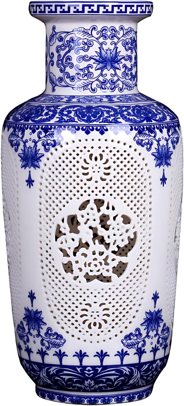Blue White Flower Vase - 11.42 Inch Hollow Out Ceramic Vase, Vintage Chinese Style Home Decor, Handcrafted Blue White Porcelain Centerpiece for Living Room Table Shelf (Blue and White)