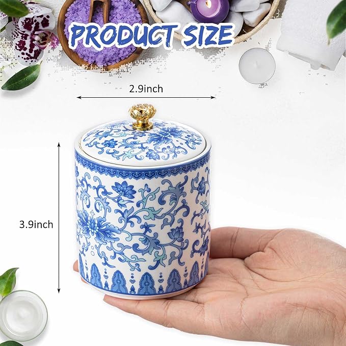 2 Pcs Vintage Blue and White Porcelain Salt Cellar with Lid Ceramic Salt Holder Container for Countertop Coffee, Sugar, Spices and Candies, Airtight Spice Jar, Kitchen Storage Dish