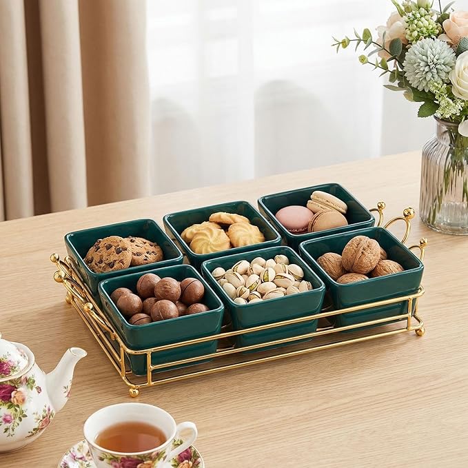 YA JU Ceramic Bowls and with Lid Gold Basket Trays, 6 Removable Small Bowls Condiment Trays Nut Serving Set for Snacks, Fruits, Candy and Condiments - Great for Parties, Holiday Gifts, Green