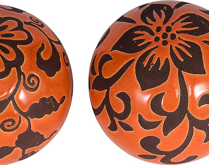 A&B Home Decorative Orbs - Table Centerpieces Set of 6 Ceramic Sphere Ball with Flat Side Orange Pattern, 4 inch
