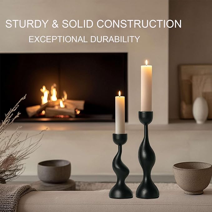 Smtyle Modern Sculptural Black Candle Stick Holders Cast-Aluminum Taper Set of 2 (7″ & 8″) Dual-Height Candlesticks for Dining Table Wedding or Home Decor